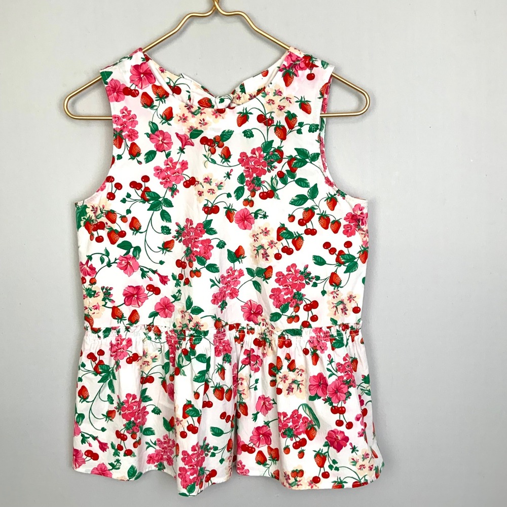 Ann Taylor Sz XS Cherry Strawberry Floral Sleeveless Peplum Bow Tie Back Top